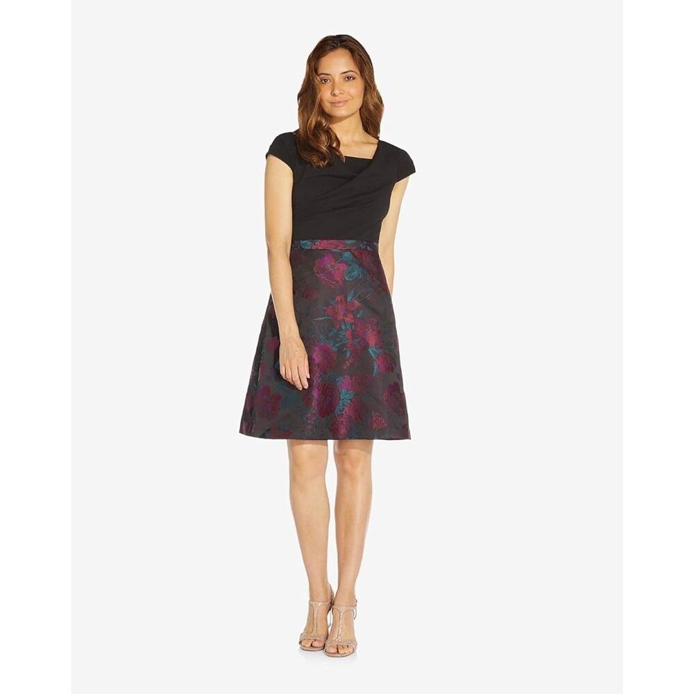 NEW NWT Adrianna Papell Knit Crepe and Jacquard Dress Black Floral Size 2
